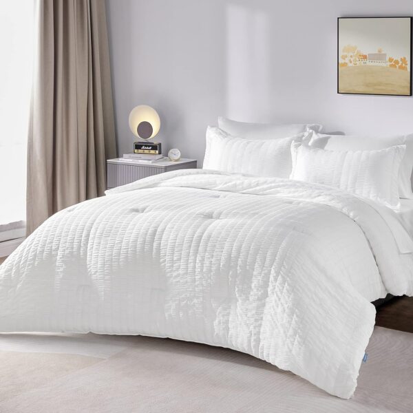 CozyLux Queen Bed in a Bag White Seersucker Comforter Set with Sheets 7-Pieces All Season Bedding Sets with Comforter, Pillow Sham, Flat Sheet, Fitted Sheet and Pillowcase - Image 2