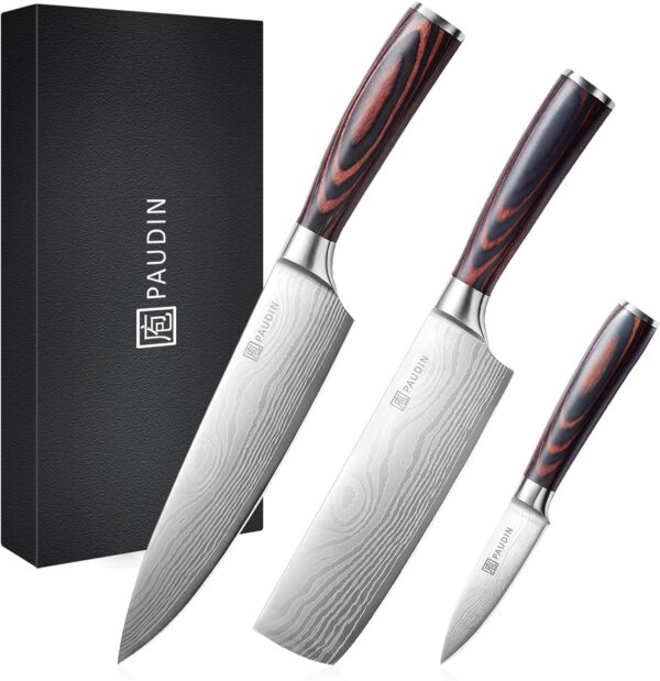 PAUDIN Kitchen Knife Set, 3 Piece High Carbon Stainless Steel Professional Chef Knife Set with Ultra Sharp Blade & Wooden Handle (Kitchen Knife Set 3 Pcs) - Image 2