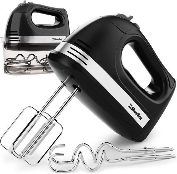 Mueller Electric Hand Mixer, 5 Speed with Snap-On Case, 250 W, Turbo Speed, 4 Stainless Steel Accessories, Beaters, Dough Hooks, Baking Supplies for Whipping, Mixing, Cookies, Bread, Cakes, Black - Image 2