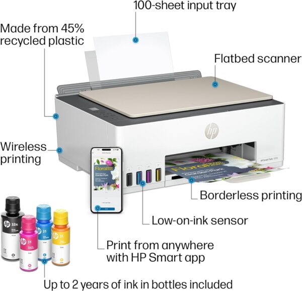 HP Smart-Tank 5000 Wireless All-in-One Ink-Tank Printer with up to 2 years of ink included, mobile print, scan, copy, white, 17.11 x 14.23 x 6.19 - Image 4