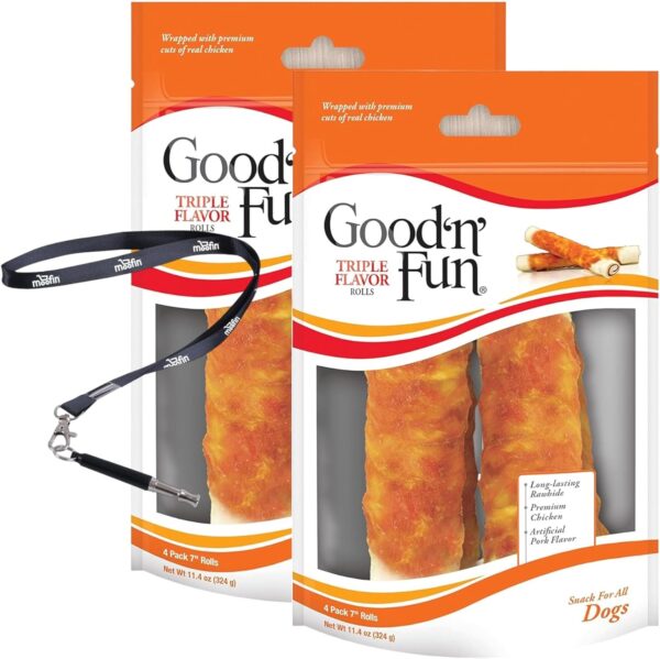 moofin Good'n'Fun Triple Flavored Rawhide Kabobs for Dogs, 6oz - Chicken, Beef & Pork Dog Treat, Long-Lasting Chews, Natural Ingredients, Dental Health, Pack of 2 SS Pet Training Whistle [2-Pack - Image 2