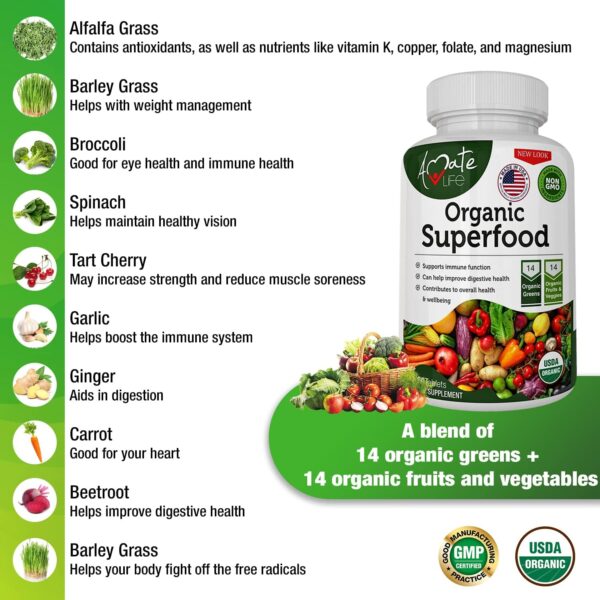 Organic Superfood Greens Fruits and Veggies Complex - Best Dietary Supplement with 14 Greens and 14 Fruits & Vegetables with Alfalfa Rich in Antioxidants Organic Ingredients Non-GMO 60 Tablets - Image 4