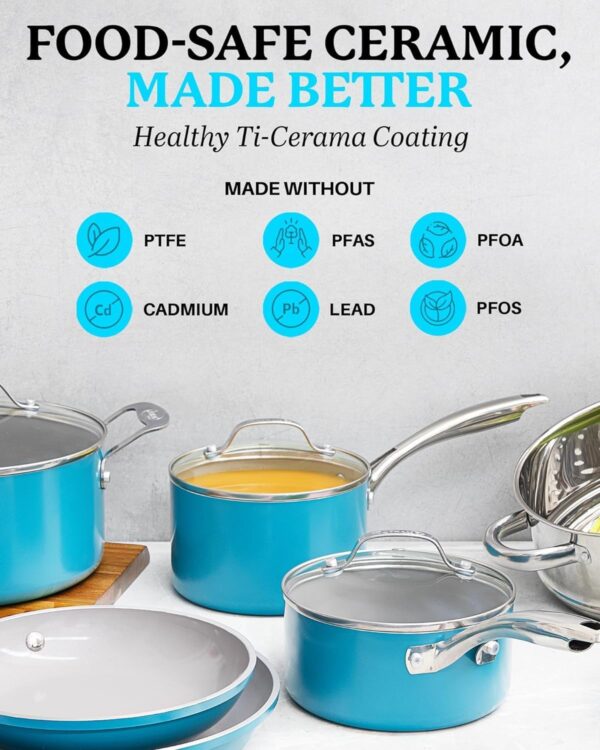 Gotham Steel Aqua Blue Pots and Pans Set, 12 Piece Nonstick Ceramic Cookware, Includes Frying Pans, Stockpots & Saucepans, Stay Cool Handles, Oven & Dishwasher Safe, 100% PFOA Free, Turquoise - Image 9