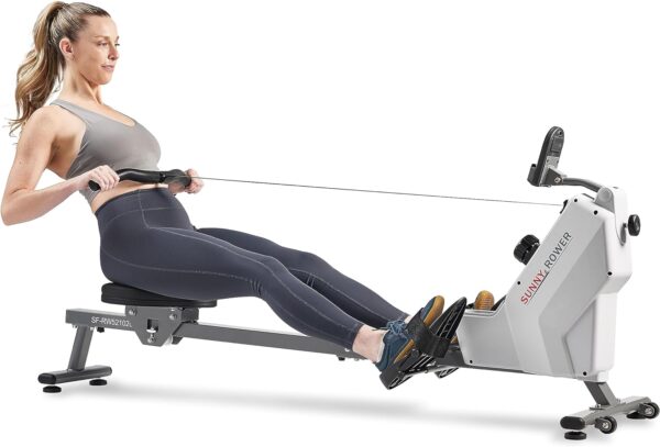 Sunny Health & Fitness Compact Folding Magnetic Rowing Machine with 43 Inch Slide Rail, 285 LB Max Weight, Synergy Power Motion, LCD Digital Monitor, Super Quiet & Smooth, and Ergonomic Foot Pedals - Image 2