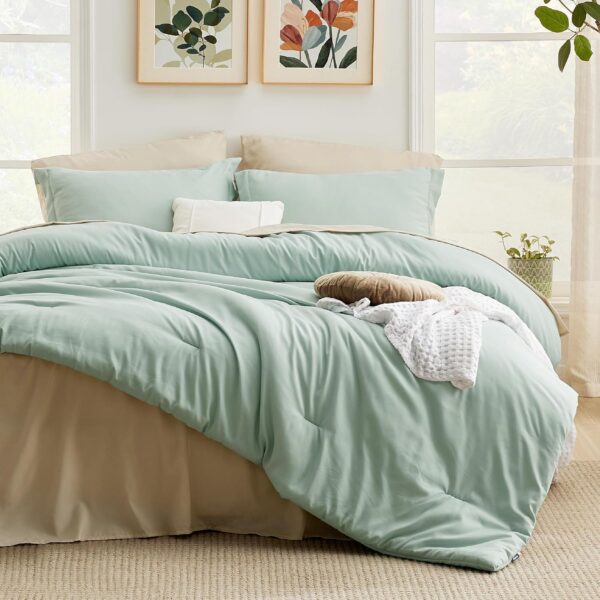 Bedsure Queen Comforter Set Sage Green, 7 Pieces Soft Queen Bedding Set with Comforter, Sheets, Pillowcases & Shams, All Season Boho Bed in a Bag Queen, Contrasting Design - Image 3