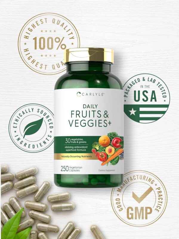 Carlyle Fruits and Veggies Supplement | 250 Capsules | Made with 30 Fruits and Vegetables | Vegetarian, Non-GMO, Gluten Free Superfood Formula - Image 7