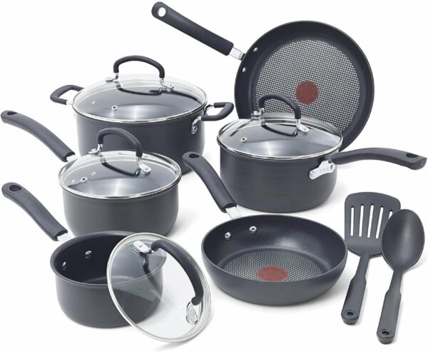 T-fal Ultimate Hard Anodized Nonstick Cookware Set 12 Piece, Oven Broiler Safe 400F, Lid Safe 350F, Kitchen Cooking Set w/ Fry Pans, Saucepans, Dutch Oven, Pots and Pans, Dishwasher Safe, Black - Image 2