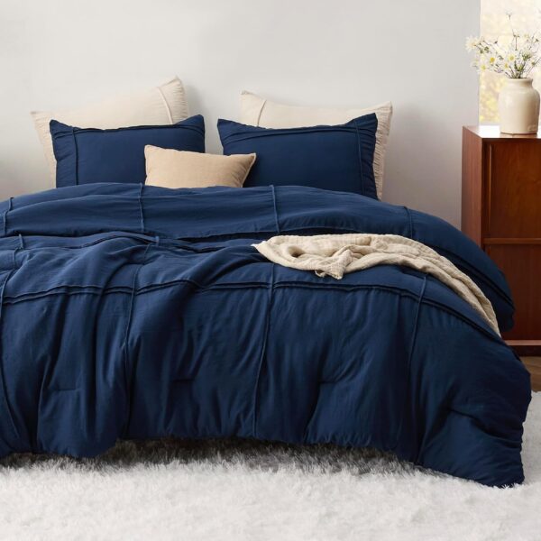 Bedsure Queen Comforter Set with Sheet - 4 Pieces Soft Navy Blue Bedding Sets, Grid Pinch Pleat, All Season Lightweight Fluffy Bed Set with Solid Boho Comforter, Pillowcases & Sheet - Image 3