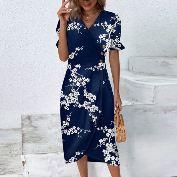 2024 Women's Summer Dresses Casual V Neck Puff Sleeve Button Retro Gradient Print Irregular Hem Dress Beach Skirt - Image 3