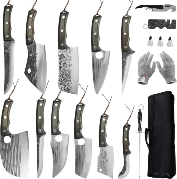 FULLHI 17pcs Butcher Chef Knife Set include sheath High Carbon Steel Cleaver Kitchen Knife Whole Tang Vegetable Cleaver Home BBQ Camping with Knife Bag - Image 2