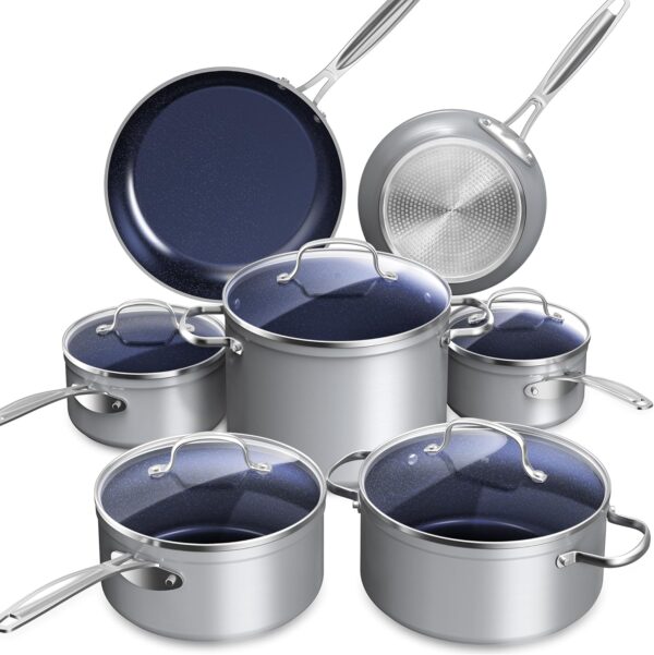 Nuwave Healthy Duralon Blue Ceramic Nonstick Cookware Set, Diamond Infused Scratch-Resistant, PFAS Free, Dishwasher & Oven Safe, Induction Ready & Evenly Heats, Tempered Glass Lids & Stay-Cool Handles - Image 2