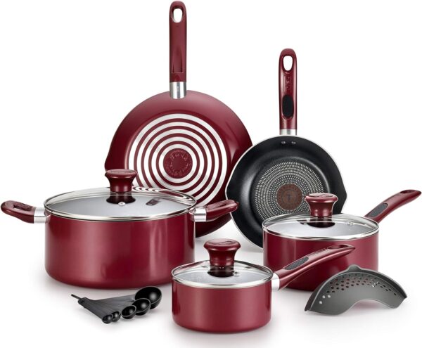 T-fal Excite ProGlide Nonstick Thermo-Spot Heat Indicator Dishwasher Oven Safe Cookware Set, 14-Piece, Red - Image 2