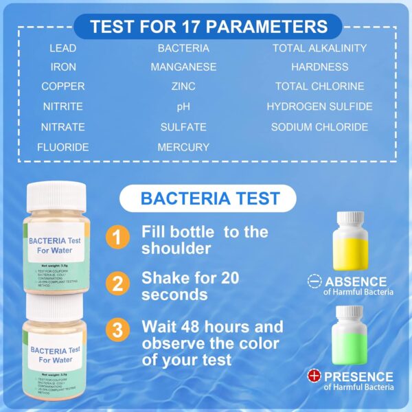 17 in 1 Premium Water Testing Kits for Drinking Water 100 Strips + 2 Bacteria Tests Home Water Quality Test Well and Tap Water Easy Testing for Lead, Bacteria, Hardness, Fluoride, pH, Iron, Copper - Image 6