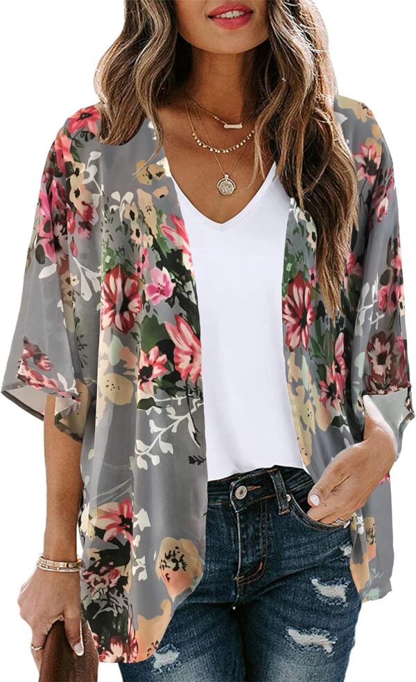 Women's Floral Print Puff Sleeve Kimono Cardigan Loose Cover Up Casual Blouse Tops - Image 2