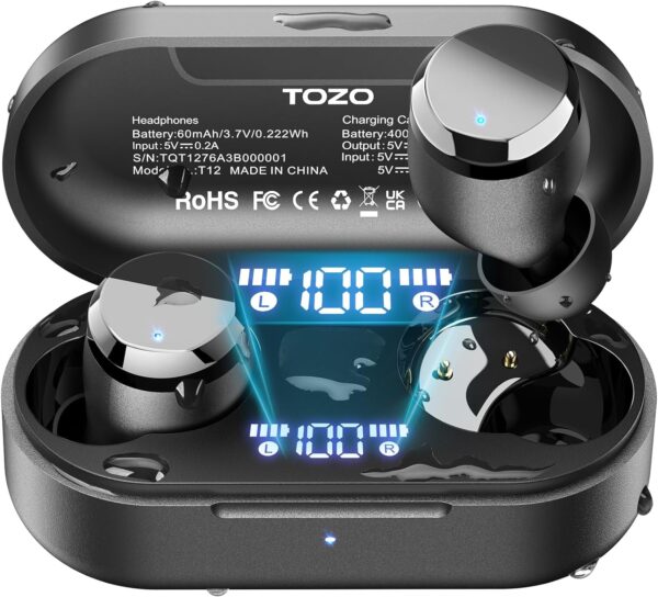 TOZO T12 Wireless Earbuds Bluetooth 5.3 Headphones Built-in ENC Noise Cancelling Mic, 55 Hrs Playtime App Customize EQ IPX8 Waterproof LED Digital Display Premium Sound Headset Black - Image 2