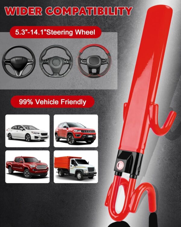 Tevlaphee Steering Wheel Lock Anti-Theft Car Device Heavy Duty Security Car Lock Antitheft Locking Devices Great Deterrent Adjustable Car Wheel Lock Anti Theft for Vehicle Truck SUV with 3 Keys (Red) - Image 5