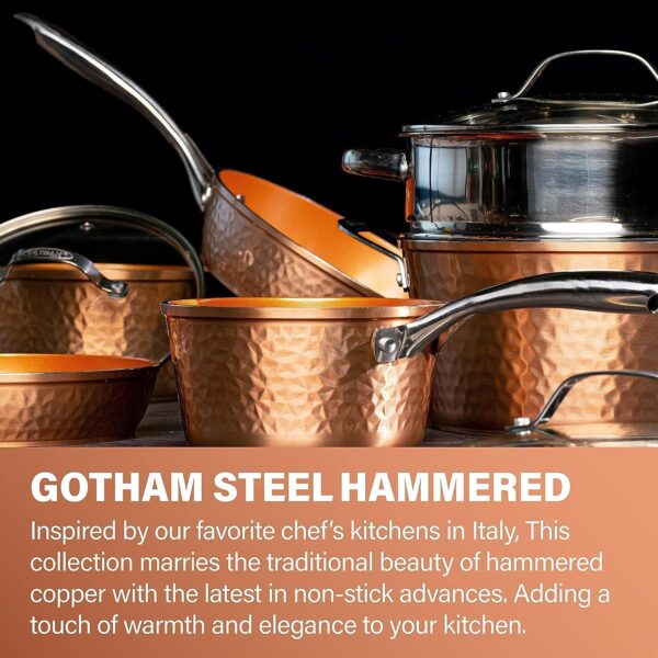 Gotham Steel Hammered Copper 10 Pc Pots and Pans Set Non Stick Cookware Set, Non Toxic Ceramic Cookware Set, Kitchen Cookware Sets with Induction Cookware, Pot and Pan Set, Oven/Dishwasher Safe - Image 4