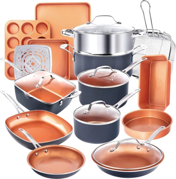 Gotham Steel 20 Pc Pots and Pans Set, Bakeware Set, Ceramic Cookware Set for Kitchen, Long Lasting Non Stick Pots and Pans Set with Lids Dishwasher / Oven Safe, Non Toxic-Copper - Image 2