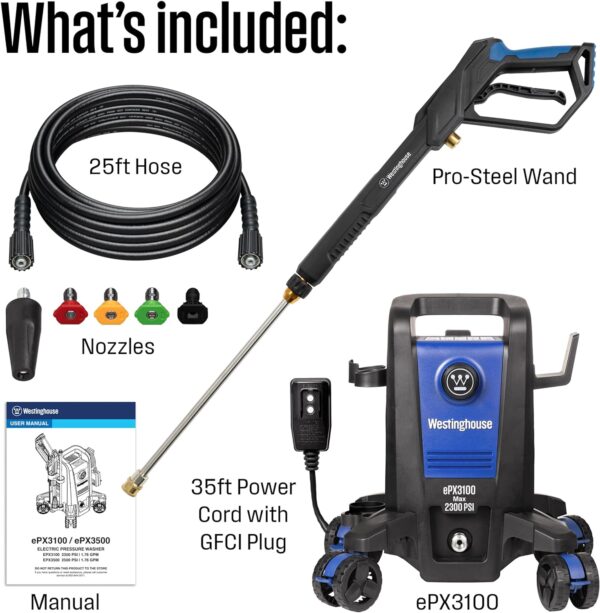 Westinghouse ePX3100 Electric Pressure Washer, 2300 Max PSI 1.76 Max GPM with Anti-Tipping Technology, Onboard Soap Tank, Pro-Style Steel Wand, 5-Nozzle Set, for Cars/Fences/Driveways/Home/Patios - Image 7