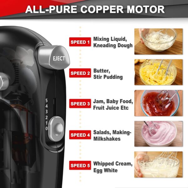 Lord Eagle Hand Mixer Electric, 400W Power handheld Mixer for Baking Cake Egg Cream Food Beater, Turbo Boost/Self-Control Speed + 5 Speed + Eject Button + 5 Stainless Steel Accessories (Black) - Image 3