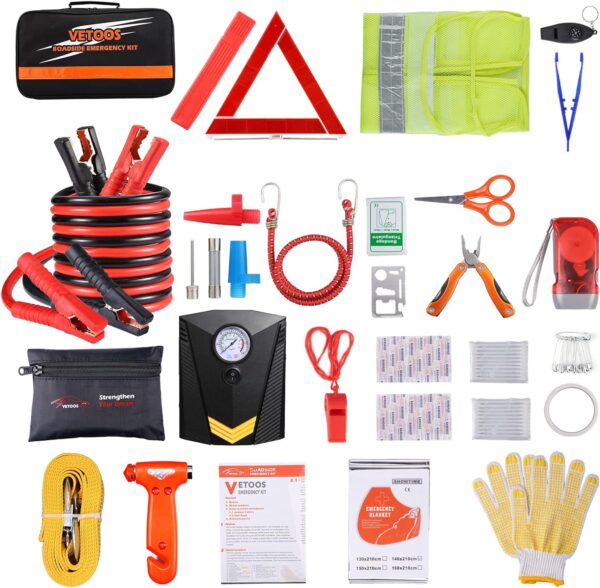 Car Roadside Emergency Kit with Jumper Cables, Auto Vehicle Safety Road Side Assistance Kits, Winter Car Kit for Women and Men, with Portable Air Compressor, First Aid Kit, Tow Rope, Multitool Plier - Image 2