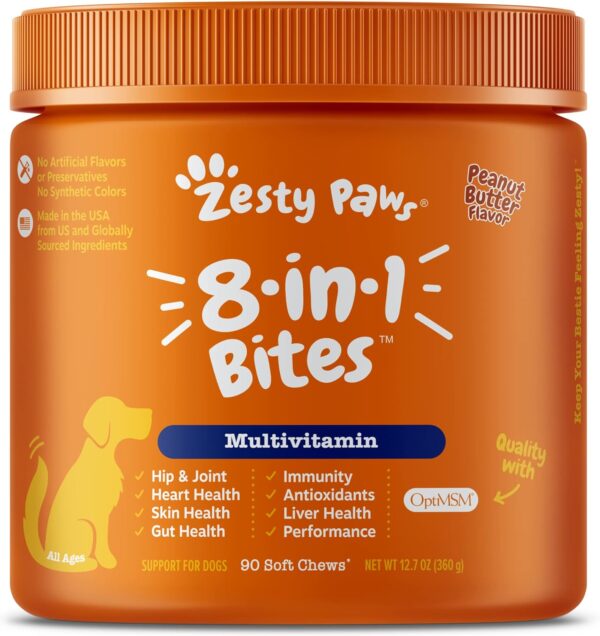 Zesty Paws Multivitamin Treats for Dogs - Glucosamine Chondroitin for Joint Support + Digestive Enzymes & Probiotics - Grain Free Vitamin for Skin & Coat + Immune Health - Peanut Butter Flavor - 90ct - Image 2