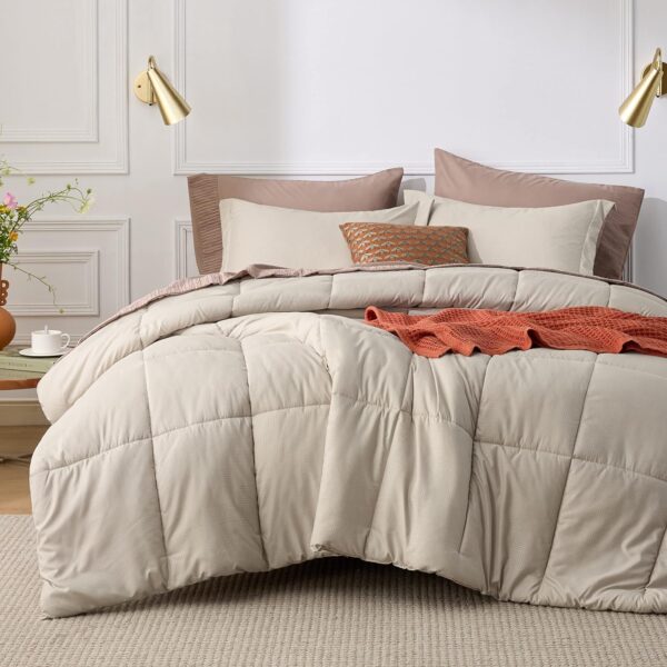 Bedsure Beige Queen Comforter Set - Beige Basket Weave Pattern Down Alternative Comforter Set Box Stitching Duvet Insert, Lightweight All Season Bedding Set with 2 Pillow Shams - Image 2