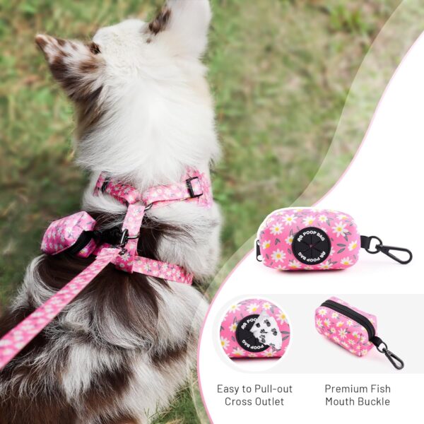 QQPETS Dog Harness Collar Leash with Poop Bag Holder 4 PCS Set, Adjustable No Pull Soft Mesh Padded Vest for Small Medium Large Pet Puppy Outdoor Walking (Daisy Pink, L (Chest 22.4”-32.6”)) - Image 4