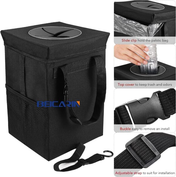 Car Trash Can with Lid - Bag Hanging Storage Pockets Leak-Proof Organizer Collapsible and Portable Waterproof Garbage Bin, 2.6 Gal Large Capacity Multipurpose Bin for - Image 3