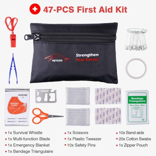 Car Roadside Emergency Kit with Jumper Cables, Auto Vehicle Safety Road Side Assistance Kits, Winter Car Kit for Women and Men, with Portable Air Compressor, First Aid Kit, Tow Rope, Multitool Plier - Image 6