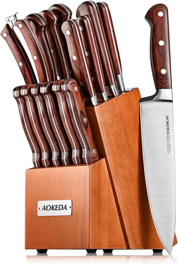 AOKEDA 15-Piece Kitchen Knife Set with Block, Stainless Steel Knives, include Sharpener, Poultry Shears (Classic Pakkawood) - Image 2