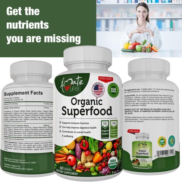 Organic Superfood Greens Fruits and Veggies Complex - Best Dietary Supplement with 14 Greens and 14 Fruits & Vegetables with Alfalfa Rich in Antioxidants Organic Ingredients Non-GMO 60 Tablets - Image 8