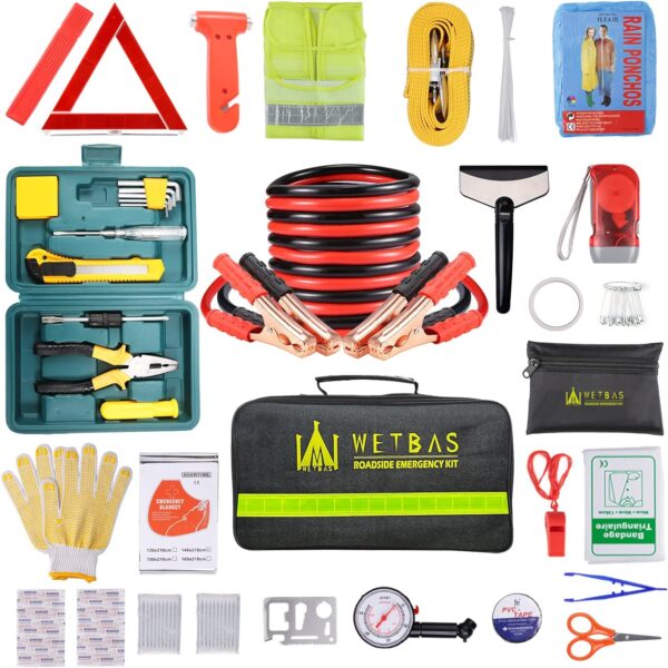 WETBAS Car Roadside Emergency Kit, Auto Vehicle Safety Emergency Road Side Assistance Kits Essentials, Solenoid Starter Repair Kit with Jumper Cables, Safety Hammer, Reflective Warning Triangle - Image 2