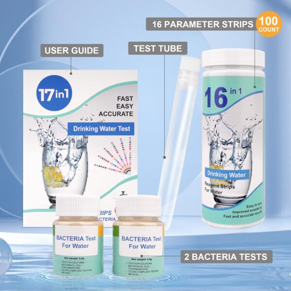 17 in 1 Premium Water Testing Kits for Drinking Water 100 Strips + 2 Bacteria Tests Home Water Quality Test Well and Tap Water Easy Testing for Lead, Bacteria, Hardness, Fluoride, pH, Iron, Copper - Image 5