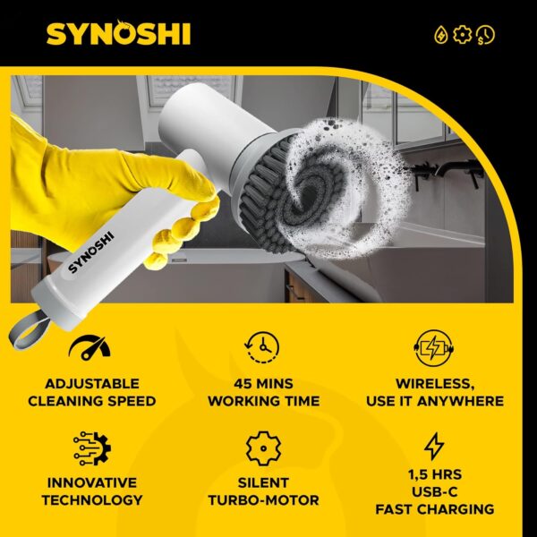 SYNOSHI Electric Spin Scrubber, Power Cleaning Brush with 3 Heads, Cordless Waterproof Shower Scrubber with Dual Speed, Perfect for Cleaning Bathroom, Tile, Cars, Floor. Electric Scrub Brush for tub - Image 5