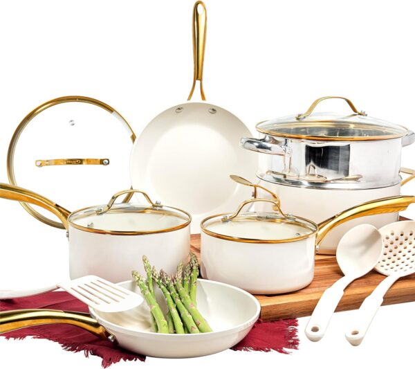 Gotham Steel 15 Pc Ceramic Pots and Pans Set Non Stick, Kitchen Cookware Sets, Pot and Pan Set, Ceramic Cookware Set, Non Toxic Cookware Set, Non Stick Pots and Pan Set Dishwasher Safe, Cream White - Image 2