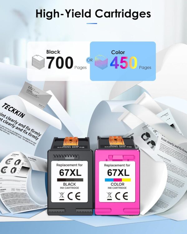 TECKKIN 67XL Ink Cartridges Black/Color Combo Pack Replacement for HP Ink 67 67XL for HP DeskJet 2700 2700e 2755e 2755 4155e 4155 Envy 6055e 6455e 6400 6055 Envy Pro 6452 6458 6475 (1 Black,1 Color) - Image 4