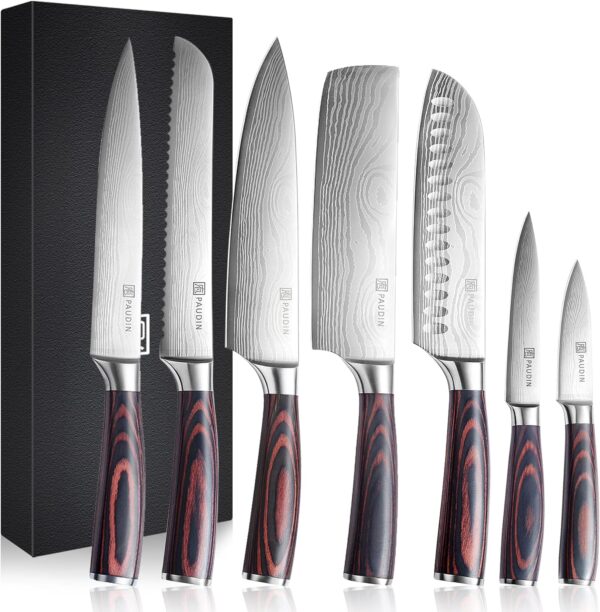 PAUDIN 7 Pieces Chef Knife Set, Professional Knives Set for Kitchen, Sharp High Carbon Stainless Steel Blade and Pakkawood Handle with Gift Box - Image 2