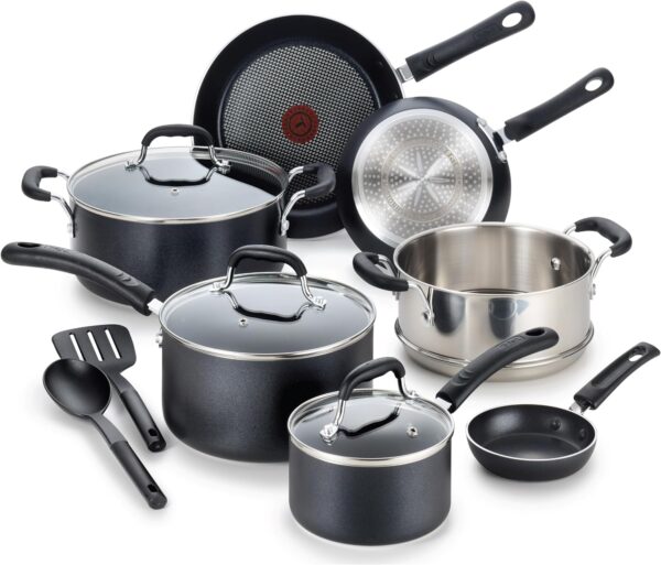 T-fal Experience Nonstick Cookware Set 12 Piece, Induction, Oven Broiler Safe 350F, Kitchen Cooking Set w/ Fry Pans, Saucepan, Stockpot, Kitchen Utensils, Pots and Pans, Dishwasher Safe, Black - Image 2