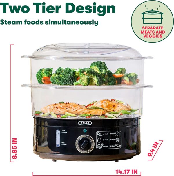 BELLA Two Tier Food Steamer with Dishwasher Safe Lids and Stackable Baskets & Removable Base for Fast Simultaneous Cooking - Auto Shutoff & Boil Dry Protection, Stainless Steel, 7.4 QT, Black - Image 5