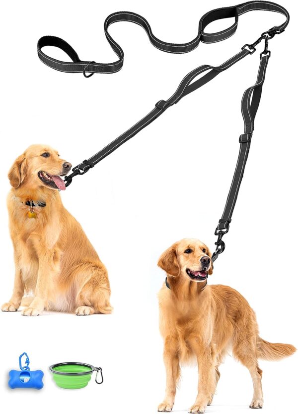 PetBonus Double Dog Leash, No Tangle Dual Dog Leash, Reflective Walking Training Leash, 4 Comfortable Padded Handles for 2 Dogs with Collapsible Bowl and Waste Bags (Black, Large) - Image 2