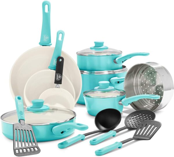 GreenLife Soft Grip Healthy Ceramic Nonstick, Cookware Pots and Pans Set, 16 Piece, Turquoise & Nylon Cooking Set, 7-Piece, Turquoise, 7pc Utensil, Turqouise - Image 3