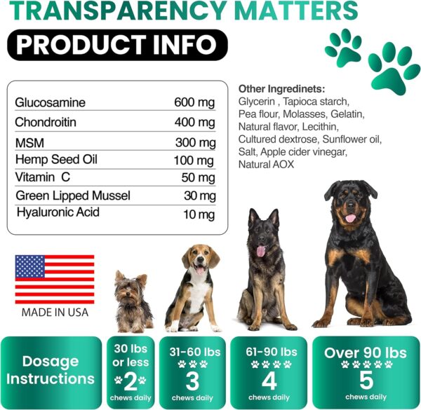 Hemp Hip and Joint Supplement for Dogs - Glucosamine for Dogs - 170 Dog Joint Pain Relief Treats - Chondroitin, MSM, Hemp Oil - Advanced Dog Joint Supplement Health - Mobility Support Chews - Image 7