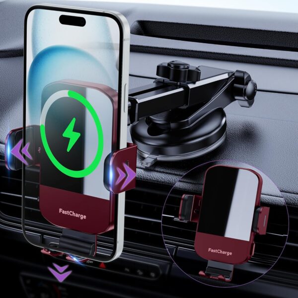 CHGeek 15W Wireless Car Charger - Smart & Fast Charging, Enhanced Suction Power, Robust Auto-Clamping for Secure Mounting - Perfect for iPhone 14/13/12 & Samsung Galaxy S23/S22/S20, etc, Red - Image 2