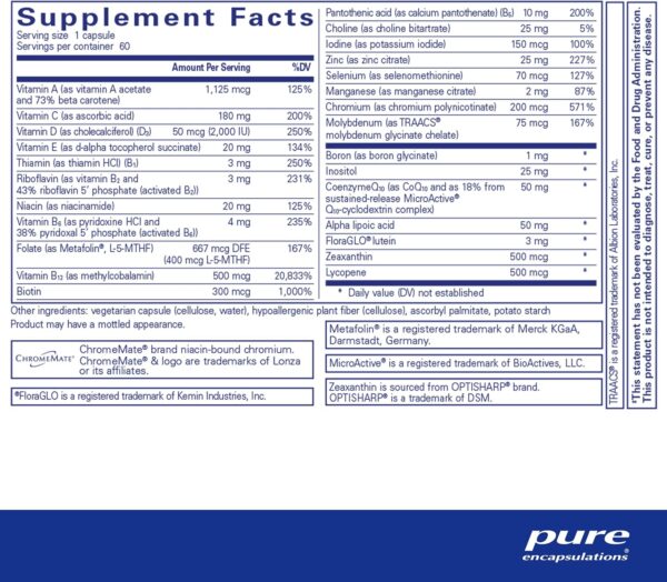 Pure Encapsulations O.N.E. Multivitamin - Once Daily Multivitamin with Antioxidant Complex Metafolin, CoQ10, and Lutein to Support Vision, Cognitive Function, and Cellular Health* - 60 Capsules - Image 3