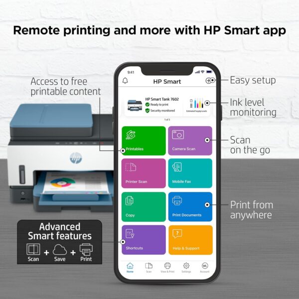 HP Smart -Tank 7602 Wireless Cartridge-free all in one printer, up to 2 years of ink included, mobile print, scan, copy, fax, auto doc feeder, featuring an app-like magic touch panel (28B98A) - Image 10