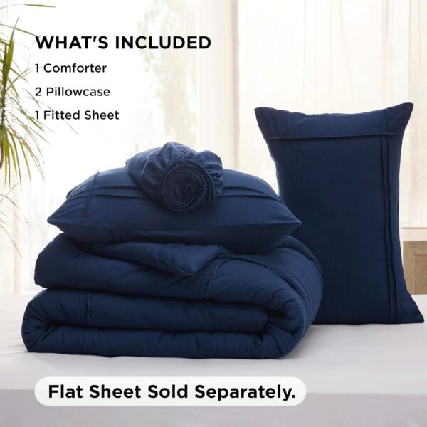 Bedsure Queen Comforter Set with Sheet - 4 Pieces Soft Navy Blue Bedding Sets, Grid Pinch Pleat, All Season Lightweight Fluffy Bed Set with Solid Boho Comforter, Pillowcases & Sheet - Image 7