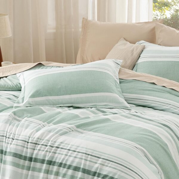 Bedsure Queen Comforter Set Sage Green - Lightweight Bedding Comforter Set, Green White Striped Comforter for Queen Size Bed, Includes 1 Comforter and 2 Pillow Shams - Image 4