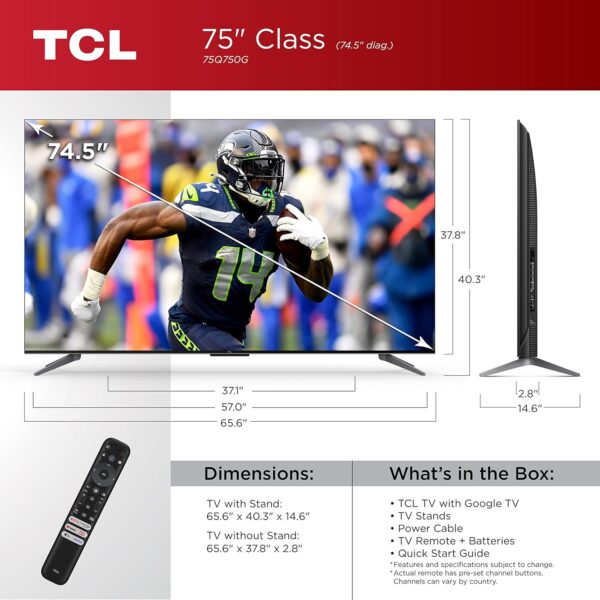 TCL 75-Inch Q7 QLED 4K Smart Google TV (75Q750G) 2023 Model with Dolby Vision & Atmos, HDR Ultra, 120Hz, Game Accelerator up to 240Hz, Voice Remote, 75Q750G - Image 3