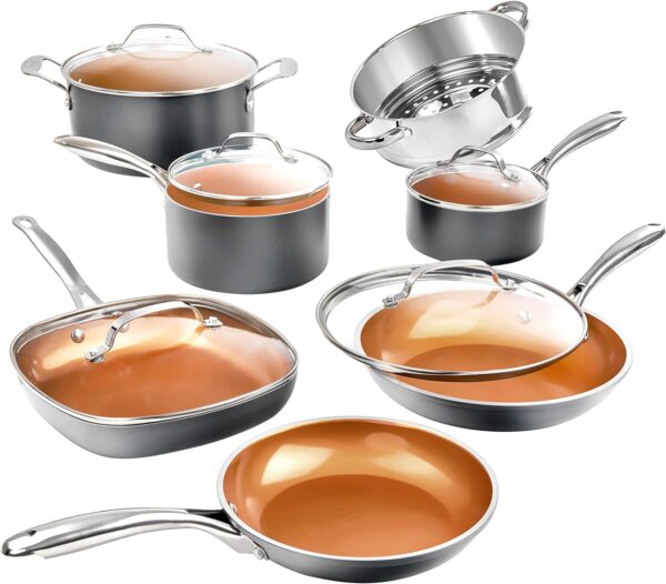 Gotham Steel 12 Pc Ceramic Pots and Pans Set Non Stick, Kitchen Cookware Sets, Pot and Pan Set, Ceramic Cookware Set, Non Toxic Cookware Set, Non Stick Pots and Pan Set, Oven Dishwasher Safe - Copper - Image 2